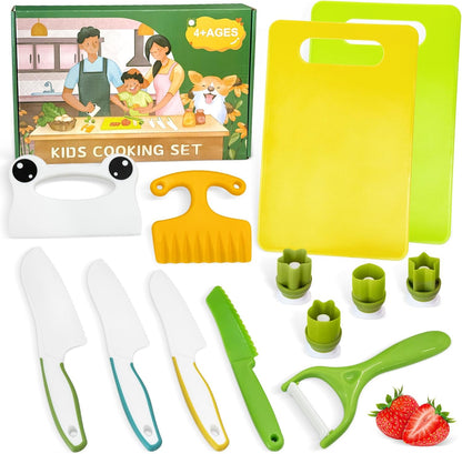 13 Pieces Kids Safe Knife Set for Real Cooking Child-Friendly Plastic Chef Tools Montessori Kitchen Toys for Toddlers Birthday Gifts for Boys and Girls Ages 4+ (A)