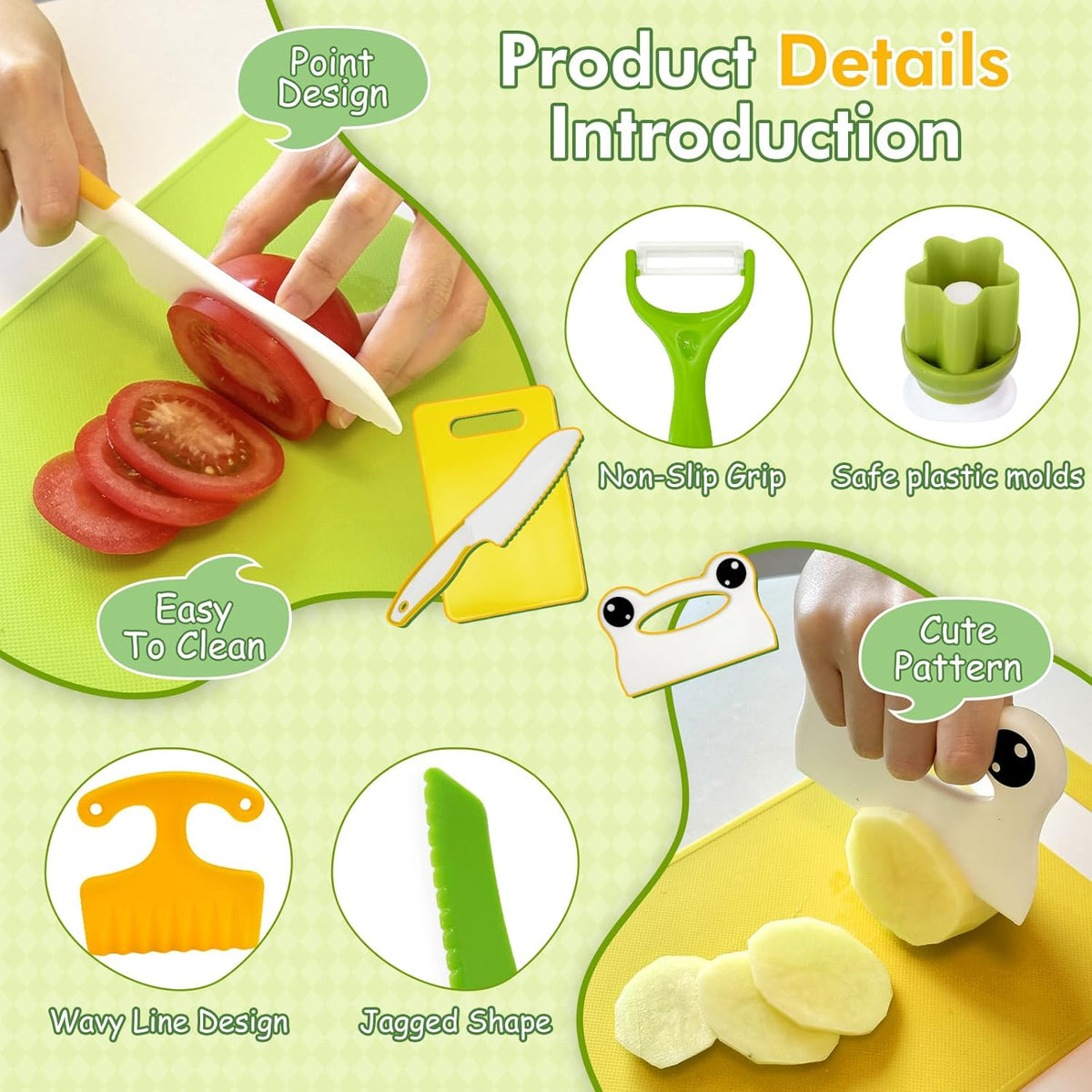 13 Pieces Kids Safe Knife Set for Real Cooking Child-Friendly Plastic Chef Tools Montessori Kitchen Toys for Toddlers Birthday Gifts for Boys and Girls Ages 4+ (A)