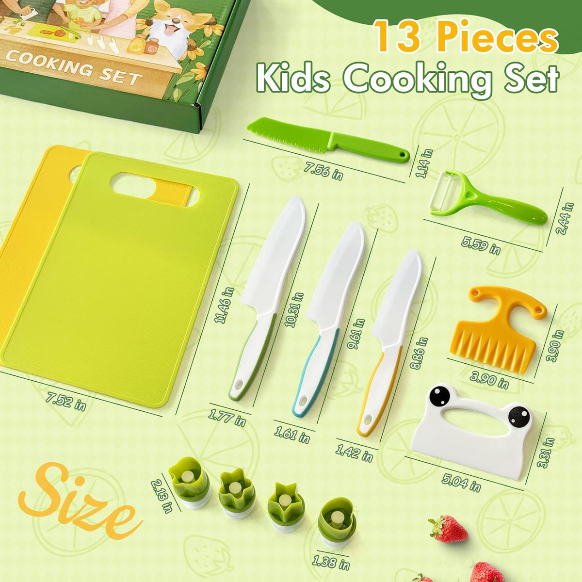 13 Pieces Kids Safe Knife Set for Real Cooking Child-Friendly Plastic Chef Tools Montessori Kitchen Toys for Toddlers Birthday Gifts for Boys and Girls Ages 4+ (A)