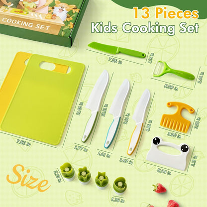 13 Pieces Kids Safe Knife Set for Real Cooking Child-Friendly Plastic Chef Tools Montessori Kitchen Toys for Toddlers Birthday Gifts for Boys and Girls Ages 4+ (A)