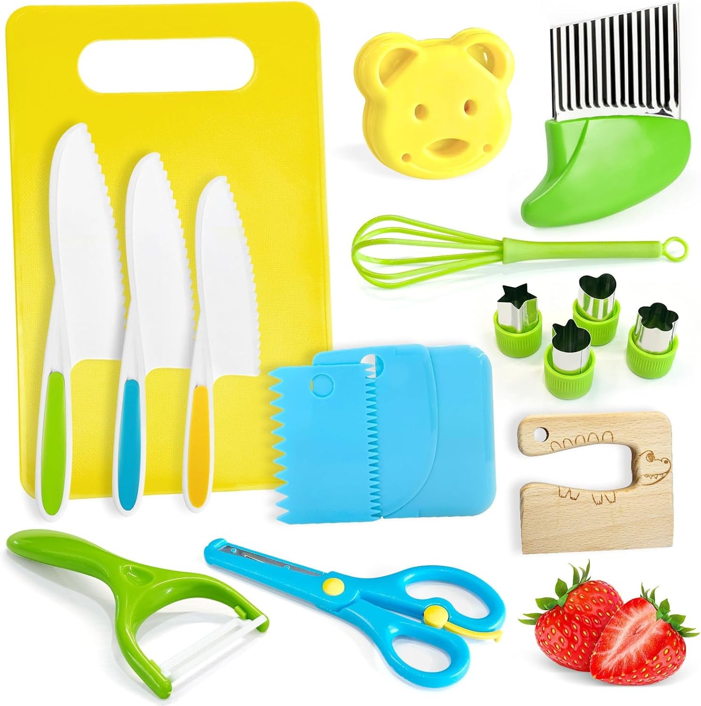 13 Pieces Kids Safe Knife Set for Real Cooking Child-Friendly Plastic Chef Tools Montessori Kitchen Toys for Toddlers Birthday Gifts for Boys and Girls Ages 4+ (A)