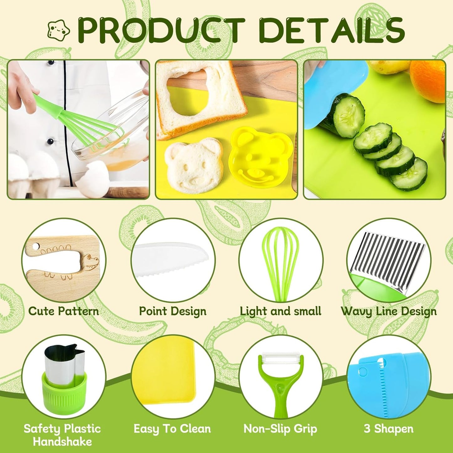 13 Pieces Kids Safe Knife Set for Real Cooking Child-Friendly Plastic Chef Tools Montessori Kitchen Toys for Toddlers Birthday Gifts for Boys and Girls Ages 4+ (A)