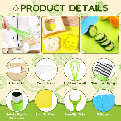 13 Pieces Kids Safe Knife Set for Real Cooking Child-Friendly Plastic Chef Tools Montessori Kitchen Toys for Toddlers Birthday Gifts for Boys and Girls Ages 4+ (A)