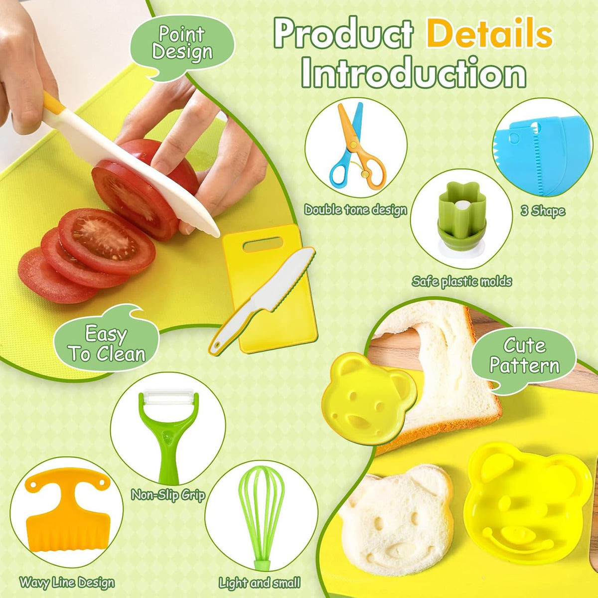 13 Pieces Kids Safe Knife Set for Real Cooking Child-Friendly Plastic Chef Tools Montessori Kitchen Toys for Toddlers Birthday Gifts for Boys and Girls Ages 4+ (A)