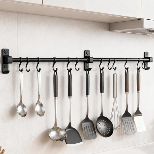 Kitchen Hanging Rack Utensil Rod, Metal Kitchen Holder Hanger, Wall Mounted Storage Rail Rack with 6 Movable Hooks for Hanging Cooking Utensils, Mugs, Spoons (31.5 inch, Black)