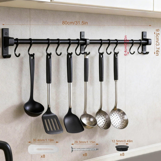 Kitchen Hanging Rack Utensil Rod, Metal Kitchen Holder Hanger, Wall Mounted Storage Rail Rack with 6 Movable Hooks for Hanging Cooking Utensils, Mugs, Spoons (31.5 inch, Black)