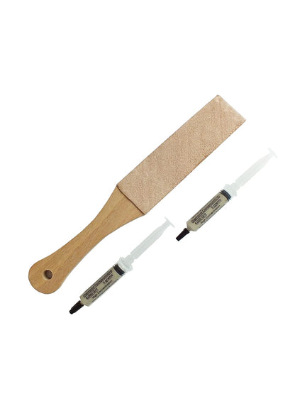 Set of 11” Long Leather Paddle Strop for Knife Sharpening and Two Diamond Polishing Compounds with High Concentration for Sharpening Knives, Double Sided Leather Strop USA Made