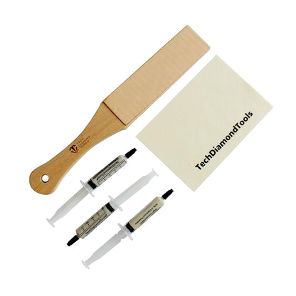 Set of 11” Long Leather Paddle Strop for Knife Sharpening and Two Diamond Polishing Compounds with High Concentration for Sharpening Knives, Double Sided Leather Strop USA Made