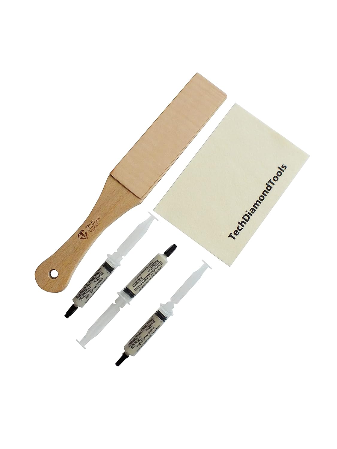 Set of 11” Long Leather Paddle Strop for Knife Sharpening and Two Diamond Polishing Compounds with High Concentration for Sharpening Knives, Double Sided Leather Strop USA Made