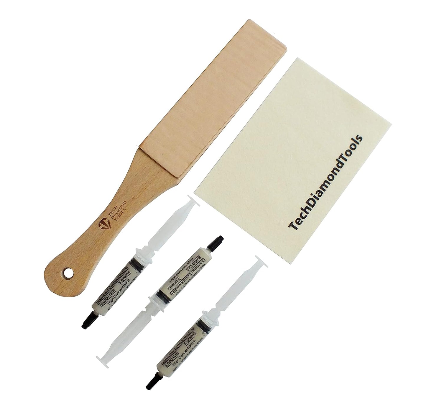 Set of 11” Long Leather Paddle Strop for Knife Sharpening and Two Diamond Polishing Compounds with High Concentration for Sharpening Knives, Double Sided Leather Strop USA Made