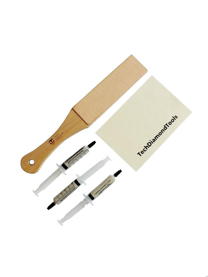 Set of 11” Long Leather Paddle Strop for Knife Sharpening and Two Diamond Polishing Compounds with High Concentration for Sharpening Knives, Double Sided Leather Strop USA Made