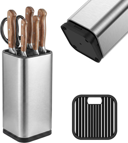 Universal Stainless Steel Knife Block Holder- Large Capacity Knife Holder for Kitchen Counter, Space-Saving Knifes Storage Organizer with Slots for Scissors & Sharpening Rod, without Knives