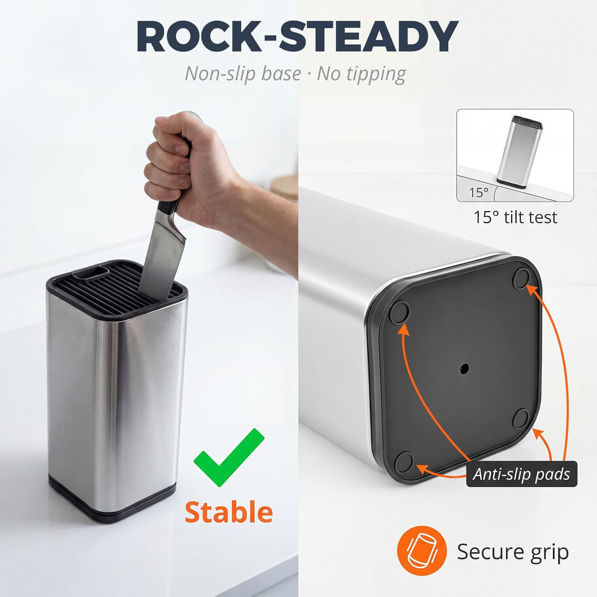 Universal Stainless Steel Knife Block Holder- Large Capacity Knife Holder for Kitchen Counter, Space-Saving Knifes Storage Organizer with Slots for Scissors & Sharpening Rod, without Knives