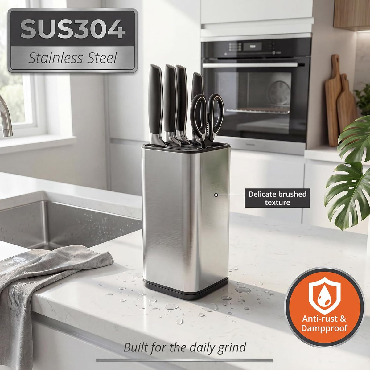 Universal Stainless Steel Knife Block Holder- Large Capacity Knife Holder for Kitchen Counter, Space-Saving Knifes Storage Organizer with Slots for Scissors & Sharpening Rod, without Knives