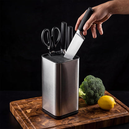 Universal Stainless Steel Knife Block Holder- Large Capacity Knife Holder for Kitchen Counter, Space-Saving Knifes Storage Organizer with Slots for Scissors & Sharpening Rod, without Knives