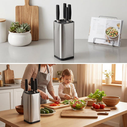 Universal Stainless Steel Knife Block Holder- Large Capacity Knife Holder for Kitchen Counter, Space-Saving Knifes Storage Organizer with Slots for Scissors & Sharpening Rod, without Knives