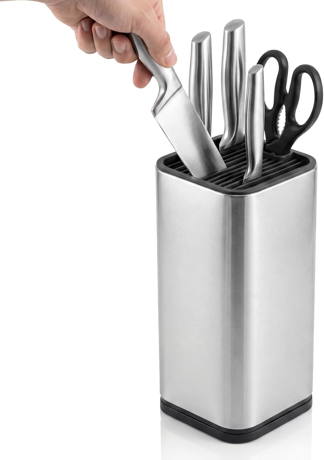 Universal Stainless Steel Knife Block Holder- Large Capacity Knife Holder for Kitchen Counter, Space-Saving Knifes Storage Organizer with Slots for Scissors & Sharpening Rod, without Knives