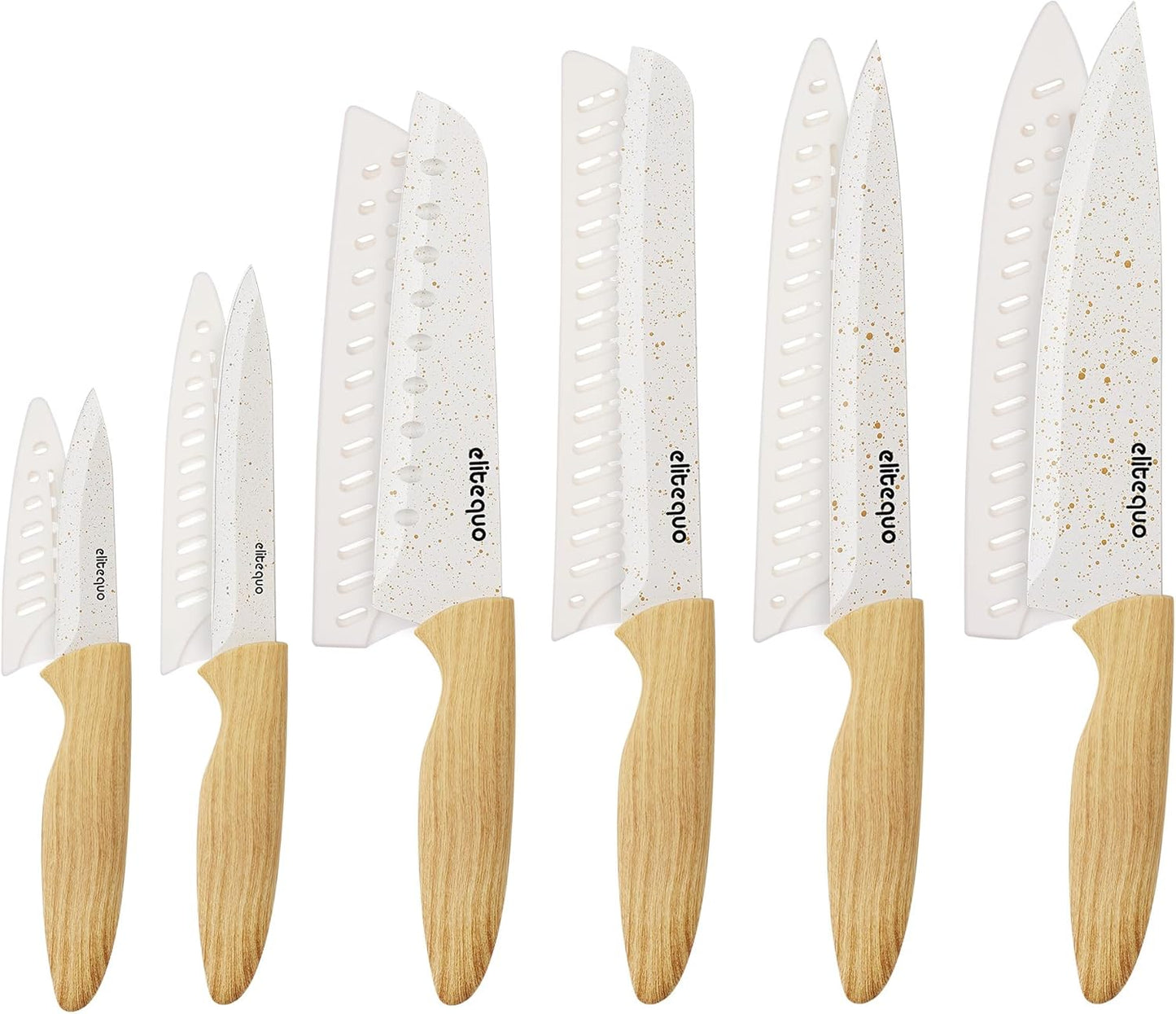 6-Piece Kitchen Knife Set with Sheaths - Non-Stick Rust-Resistant Blades, Ergonomic Wooden Handle for Chopping Slicing Peeling
