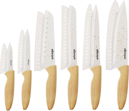 6-Piece Kitchen Knife Set with Sheaths - Non-Stick Rust-Resistant Blades, Ergonomic Wooden Handle for Chopping Slicing Peeling
