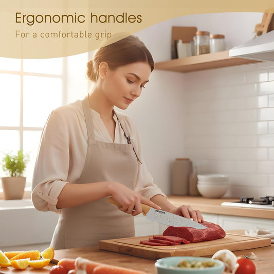 6-Piece Kitchen Knife Set with Sheaths - Non-Stick Rust-Resistant Blades, Ergonomic Wooden Handle for Chopping Slicing Peeling