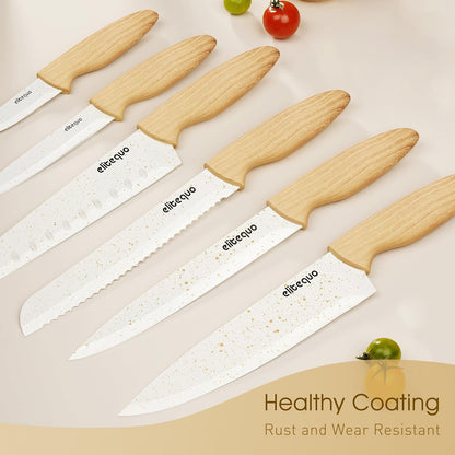 6-Piece Kitchen Knife Set with Sheaths - Non-Stick Rust-Resistant Blades, Ergonomic Wooden Handle for Chopping Slicing Peeling