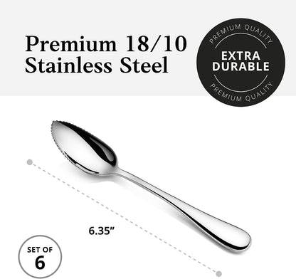 Rain 18/10 Stainless Steel Grapefruit Spoons, Serrated Edge Citrus Spoons, 6.35 Inch, Mirror Polished Silver, Set of 6
