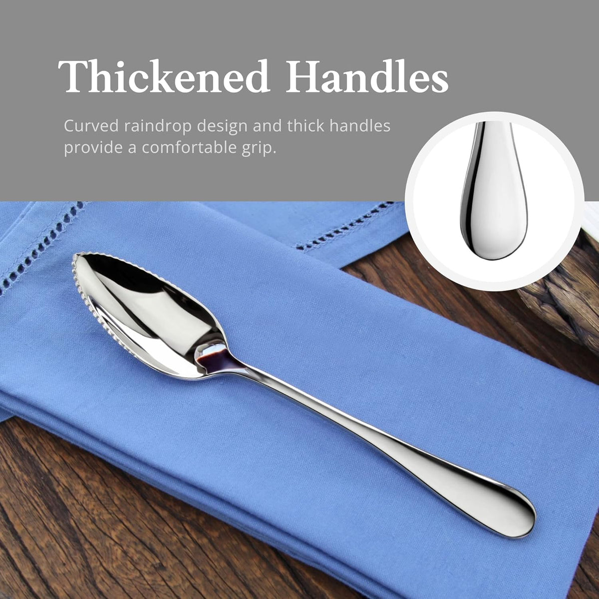 Rain 18/10 Stainless Steel Grapefruit Spoons, Serrated Edge Citrus Spoons, 6.35 Inch, Mirror Polished Silver, Set of 6