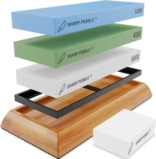 Knife Sharpening Stones Kit -Grits 400/1000/6000 | Extra Large Whetstone- Wet Stone Knives Sharpener Set with NonSlip Bamboo Base & Flattening Stone- No Honing Oils Needed