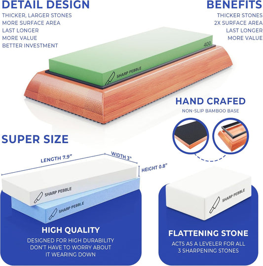 Knife Sharpening Stones Kit -Grits 400/1000/6000 | Extra Large Whetstone- Wet Stone Knives Sharpener Set with NonSlip Bamboo Base & Flattening Stone- No Honing Oils Needed