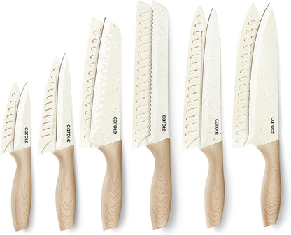 12-Piece Knife Set, Knives with Wood-Grain Finish Handles, White | 6 Blade Guards, Stainless Steel Blades, Ceramic Nonstick Coating, Long-Lasting Sharpness, Rust-Resistant, Camping, RV