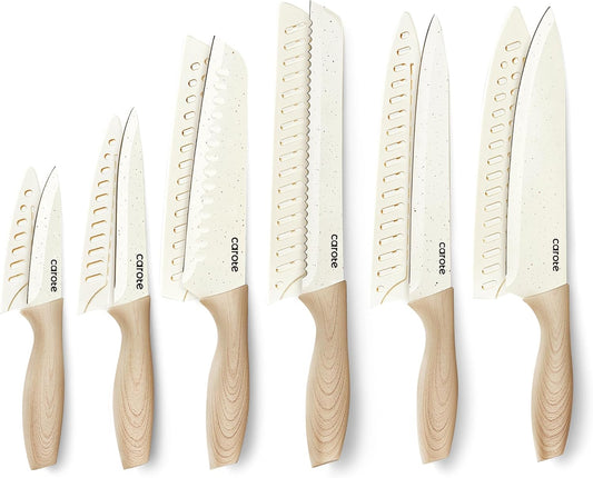 12-Piece Knife Set, Knives with Wood-Grain Finish Handles, White | 6 Blade Guards, Stainless Steel Blades, Ceramic Nonstick Coating, Long-Lasting Sharpness, Rust-Resistant, Camping, RV
