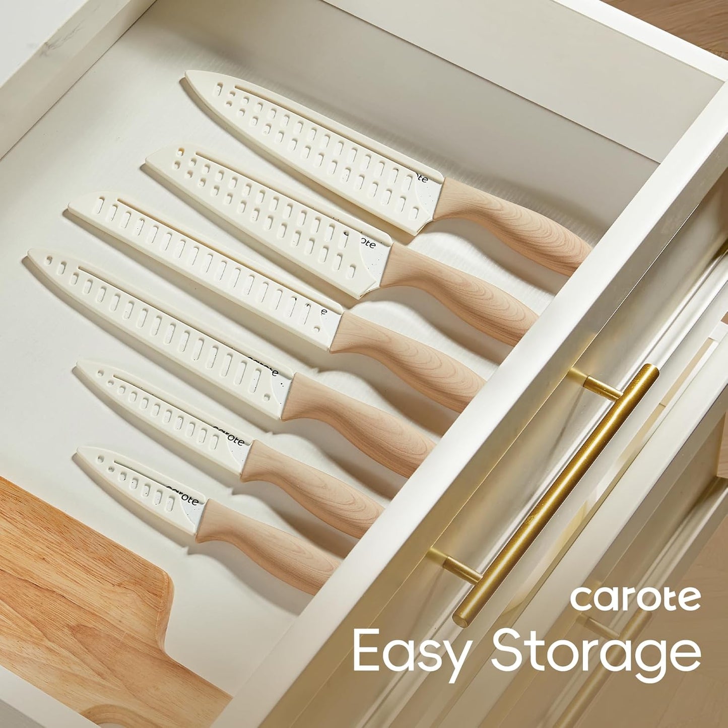 12-Piece Knife Set, Knives with Wood-Grain Finish Handles, White | 6 Blade Guards, Stainless Steel Blades, Ceramic Nonstick Coating, Long-Lasting Sharpness, Rust-Resistant, Camping, RV