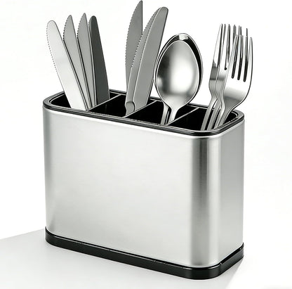 Kitchen Utensil Holder Silverware Holder with 4 Compartments | Stainless Steel Caddy for Party, Self-Draining, Self-Draining, Fully Detachable Structure, Silvery
