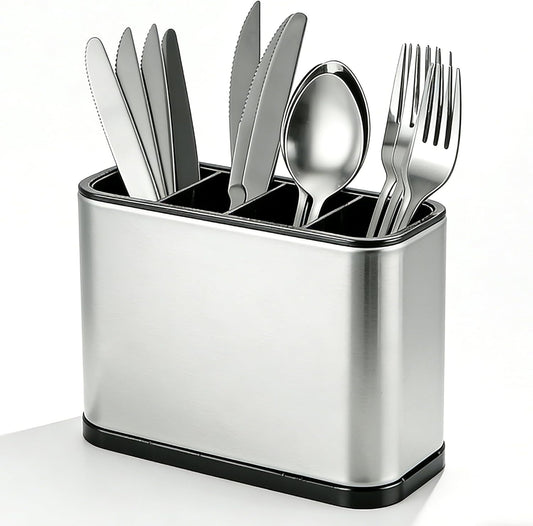 Kitchen Utensil Holder Silverware Holder with 4 Compartments | Stainless Steel Caddy for Party, Self-Draining, Self-Draining, Fully Detachable Structure, Silvery