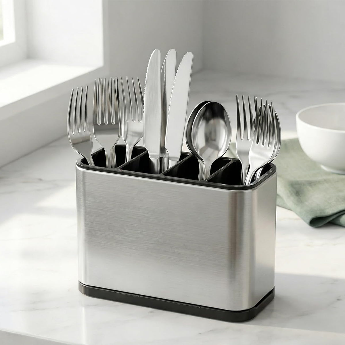 Kitchen Utensil Holder Silverware Holder with 4 Compartments | Stainless Steel Caddy for Party, Self-Draining, Self-Draining, Fully Detachable Structure, Silvery