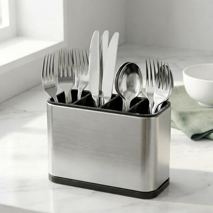 Kitchen Utensil Holder Silverware Holder with 4 Compartments | Stainless Steel Caddy for Party, Self-Draining, Self-Draining, Fully Detachable Structure, Silvery