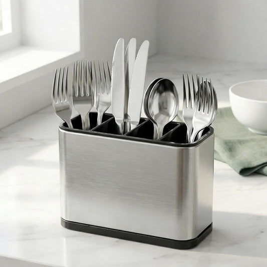 Kitchen Utensil Holder Silverware Holder with 4 Compartments | Stainless Steel Caddy for Party, Self-Draining, Self-Draining, Fully Detachable Structure, Silvery