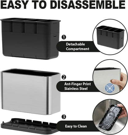 Kitchen Utensil Holder Silverware Holder with 4 Compartments | Stainless Steel Caddy for Party, Self-Draining, Self-Draining, Fully Detachable Structure, Silvery