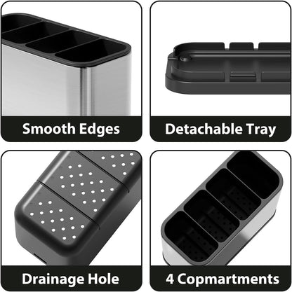 Kitchen Utensil Holder Silverware Holder with 4 Compartments | Stainless Steel Caddy for Party, Self-Draining, Self-Draining, Fully Detachable Structure, Silvery