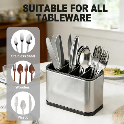 Kitchen Utensil Holder Silverware Holder with 4 Compartments | Stainless Steel Caddy for Party, Self-Draining, Self-Draining, Fully Detachable Structure, Silvery