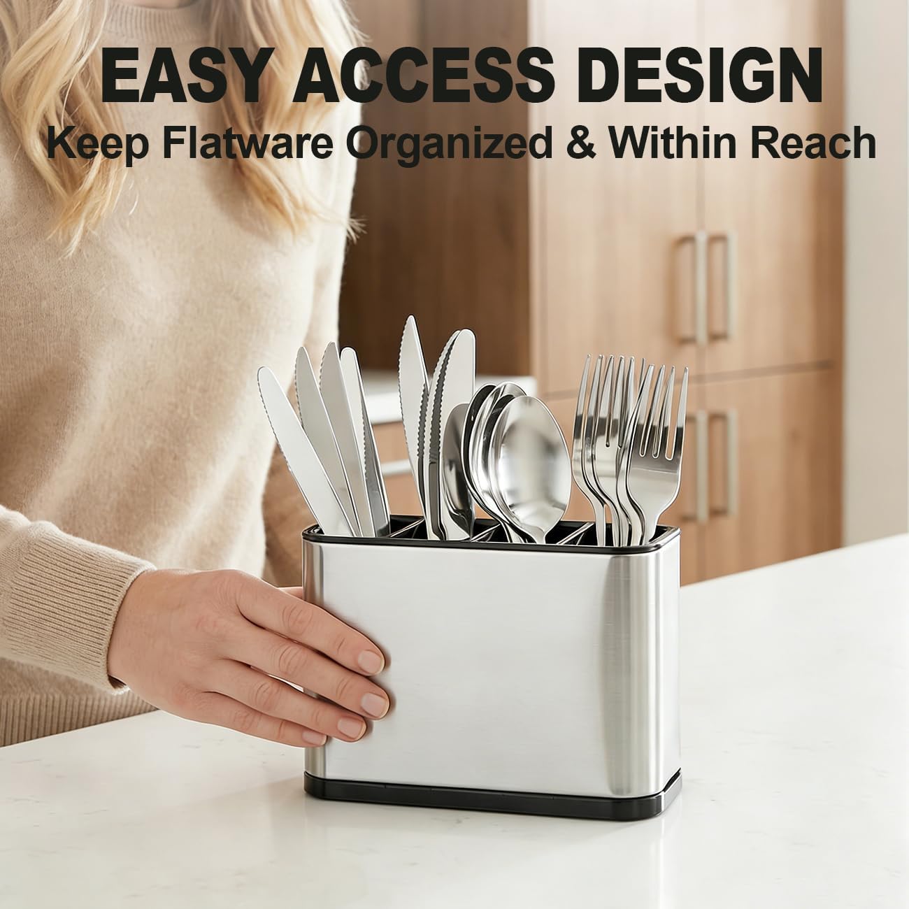 Kitchen Utensil Holder Silverware Holder with 4 Compartments | Stainless Steel Caddy for Party, Self-Draining, Self-Draining, Fully Detachable Structure, Silvery