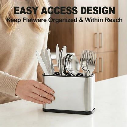 Kitchen Utensil Holder Silverware Holder with 4 Compartments | Stainless Steel Caddy for Party, Self-Draining, Self-Draining, Fully Detachable Structure, Silvery