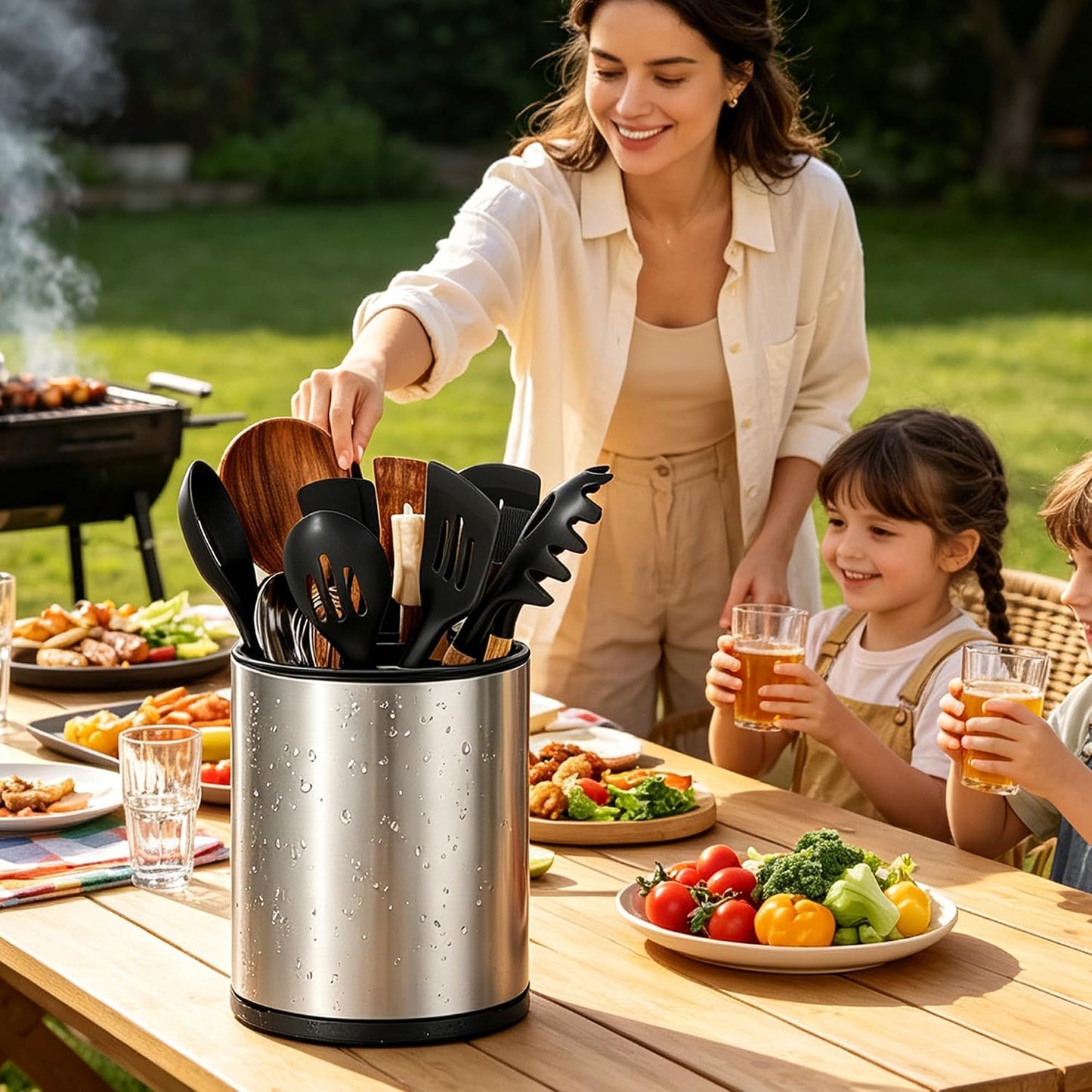 Kitchen Utensil Holder Silverware Holder with 4 Compartments | Stainless Steel Caddy for Party, Self-Draining, Self-Draining, Fully Detachable Structure, Silvery