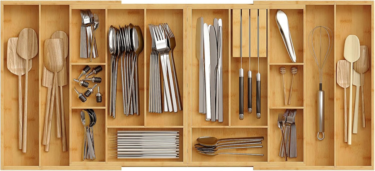 Large Silverware Organizer Kitchen Drawer Organizer, Magnetic Connected Expandable Utensil Organizer From 22.8 to 35.4 Inches, Bamboo 16 Slots Cutlery Tray with Knife Holder, Natural YL07TL01