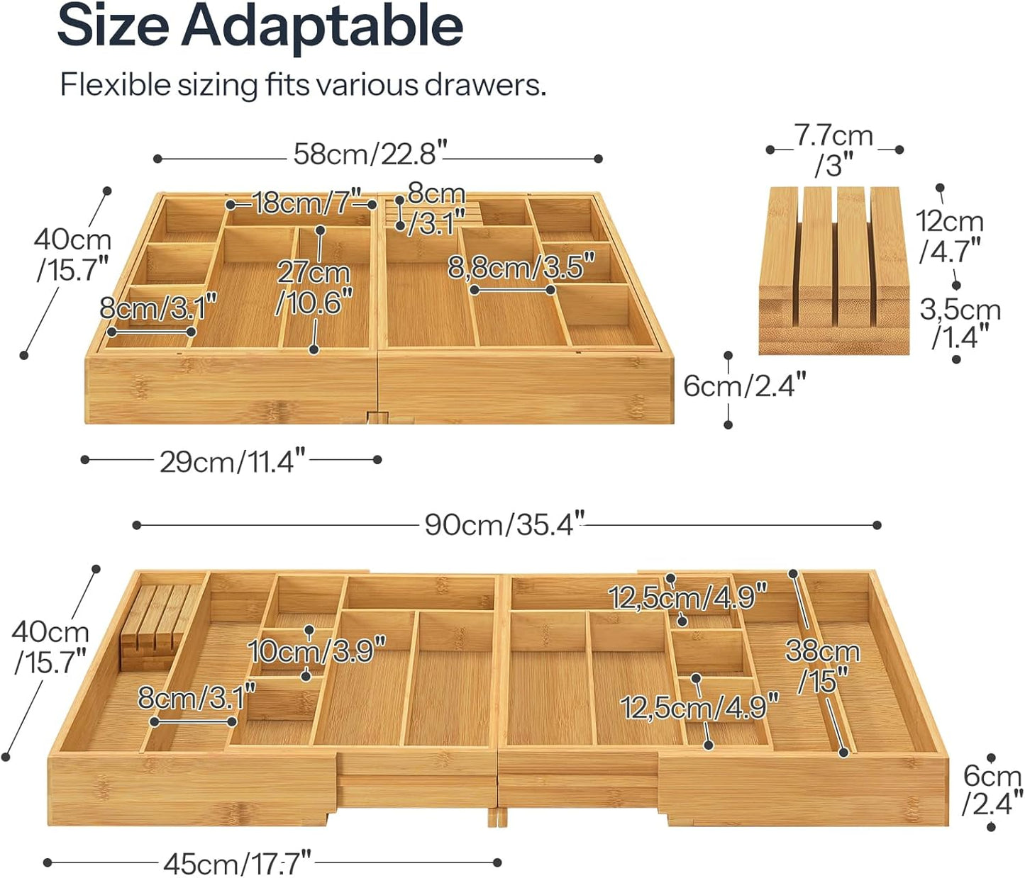 Large Silverware Organizer Kitchen Drawer Organizer, Magnetic Connected Expandable Utensil Organizer From 22.8 to 35.4 Inches, Bamboo 16 Slots Cutlery Tray with Knife Holder, Natural YL07TL01