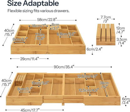 Large Silverware Organizer Kitchen Drawer Organizer, Magnetic Connected Expandable Utensil Organizer From 22.8 to 35.4 Inches, Bamboo 16 Slots Cutlery Tray with Knife Holder, Natural YL07TL01