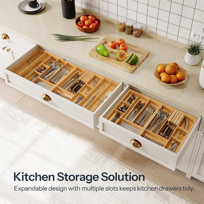 Large Silverware Organizer Kitchen Drawer Organizer, Magnetic Connected Expandable Utensil Organizer From 22.8 to 35.4 Inches, Bamboo 16 Slots Cutlery Tray with Knife Holder, Natural YL07TL01