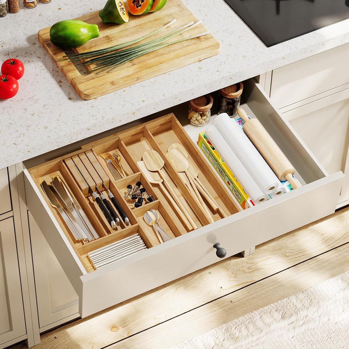 Large Silverware Organizer Kitchen Drawer Organizer, Magnetic Connected Expandable Utensil Organizer From 22.8 to 35.4 Inches, Bamboo 16 Slots Cutlery Tray with Knife Holder, Natural YL07TL01