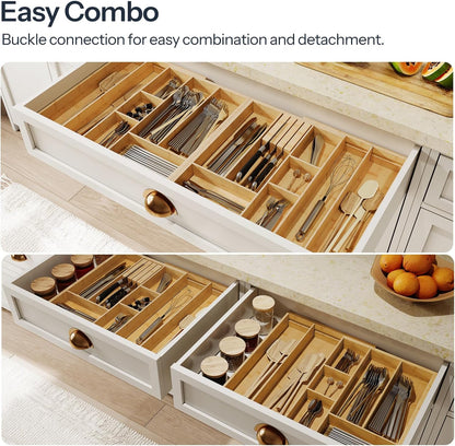 Large Silverware Organizer Kitchen Drawer Organizer, Magnetic Connected Expandable Utensil Organizer From 22.8 to 35.4 Inches, Bamboo 16 Slots Cutlery Tray with Knife Holder, Natural YL07TL01