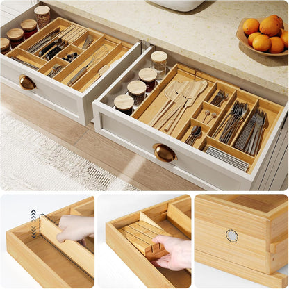 Large Silverware Organizer Kitchen Drawer Organizer, Magnetic Connected Expandable Utensil Organizer From 22.8 to 35.4 Inches, Bamboo 16 Slots Cutlery Tray with Knife Holder, Natural YL07TL01